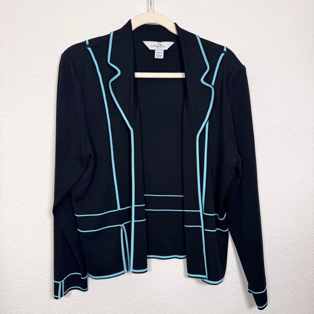 Ming Wang Womens Knit Cardigan Sweater Long Sleeve Office Classic Contrast Black